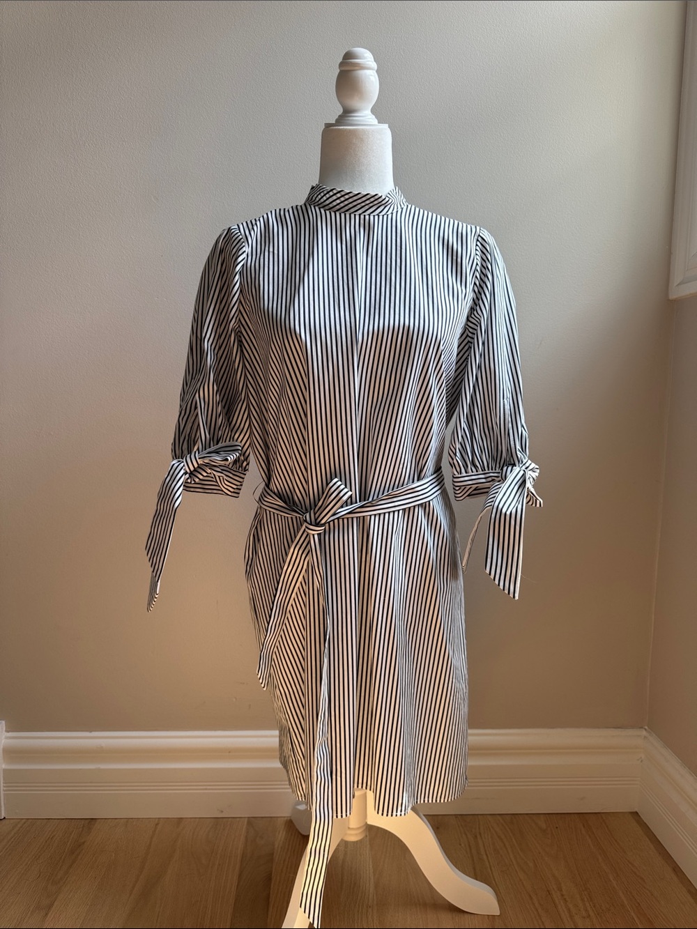 Topshop Black & White Striped Tie-Waist Midi Dress
